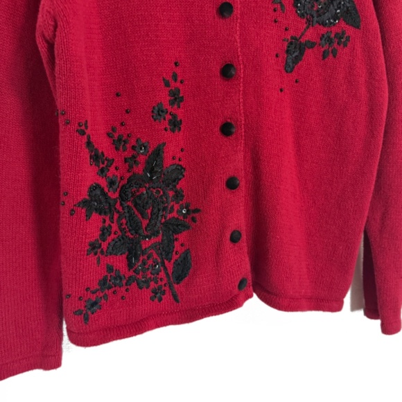 Vintage 90s Red Pinup Cardigan With Black Floral Embroidery and Beading Size M - Picture 3 of 10